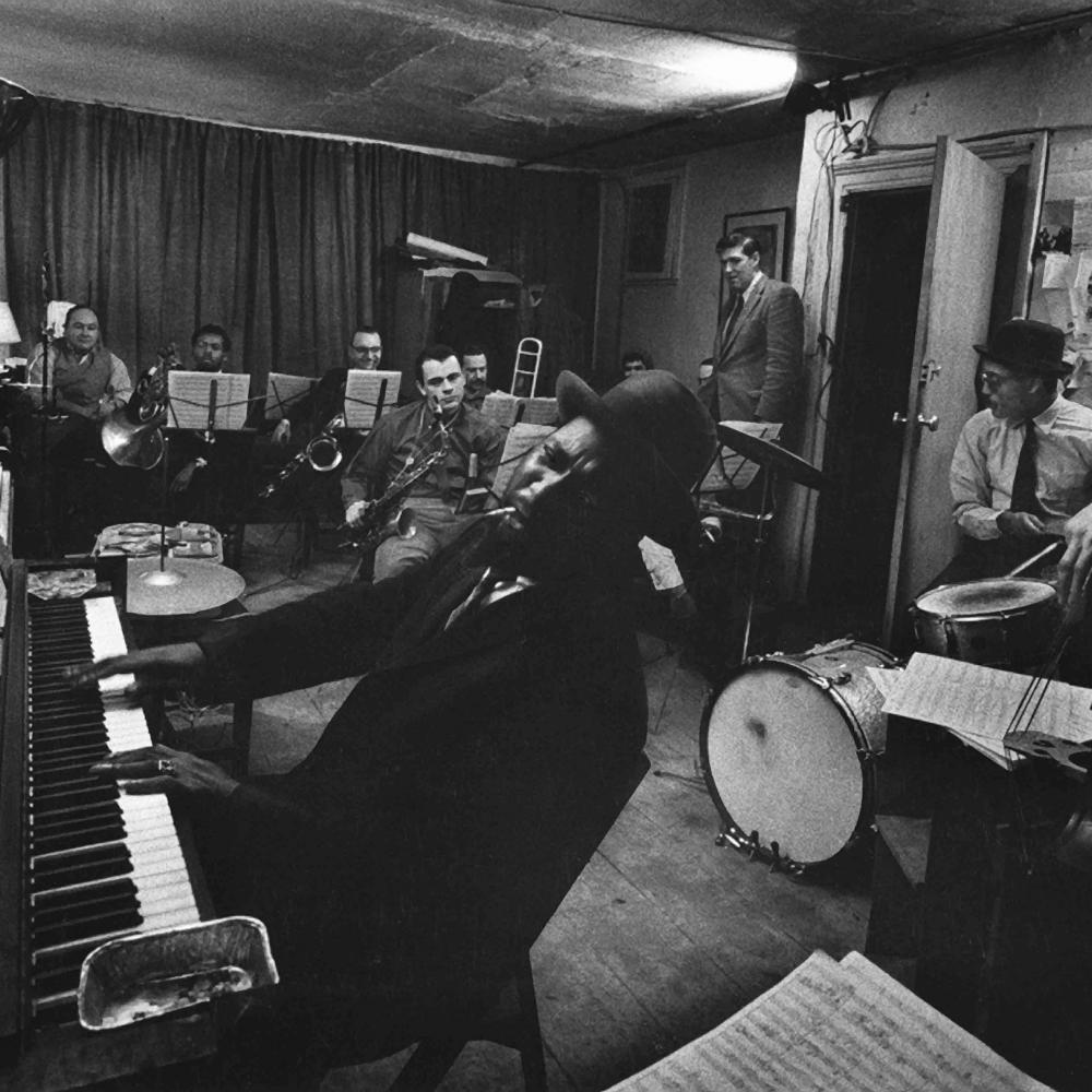 Theolonius Monk's ten-man band rehearses at the Jazz Loft.