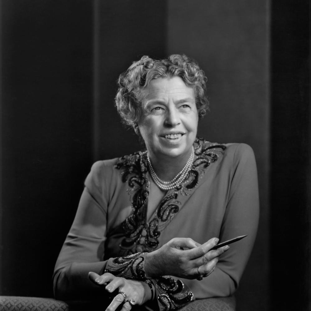 3/4 bland white photograph of Eleanor Roosevelt