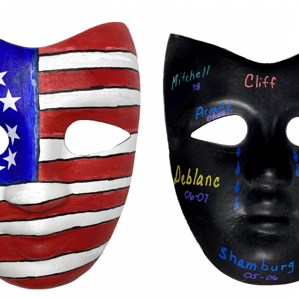 outside and inside of painted mask, outside an American flag and inside black with names written. 