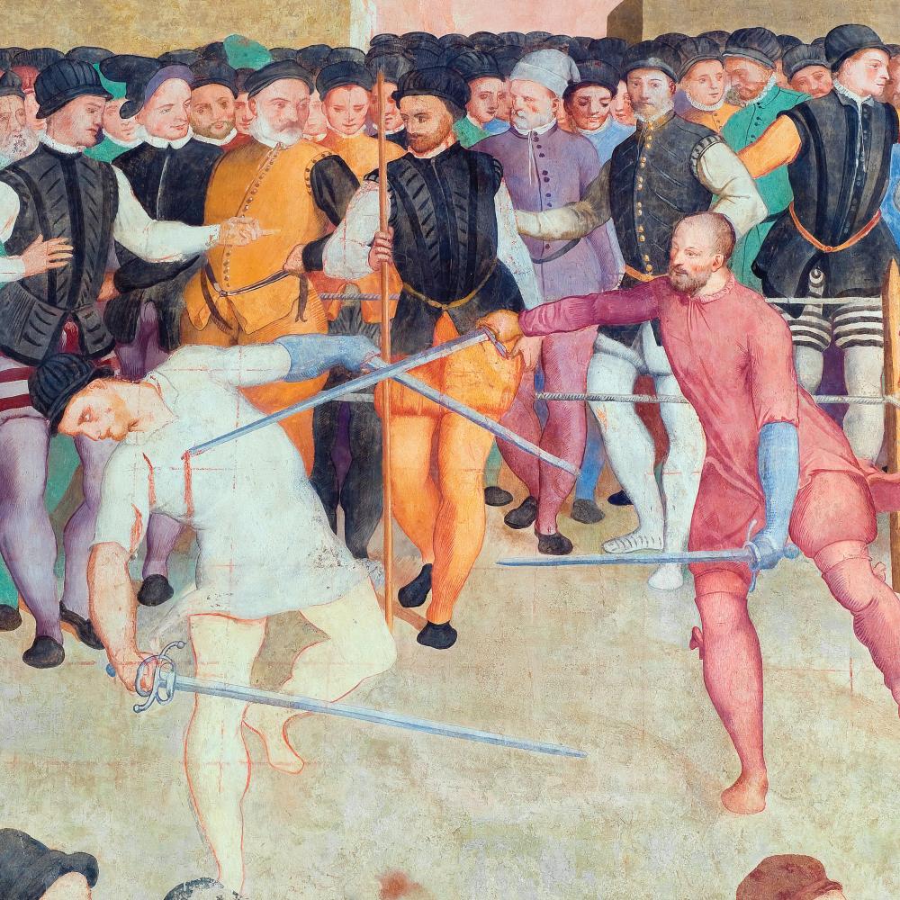 Men dueling with swords