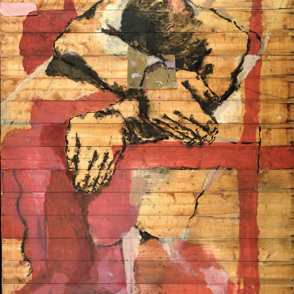 Abstract painting of a man with his hands covering his face