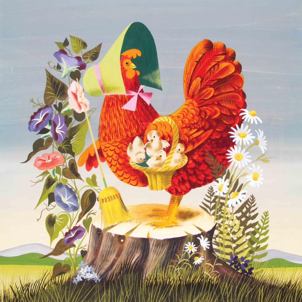 Illustration of a hen dressed up in a hat