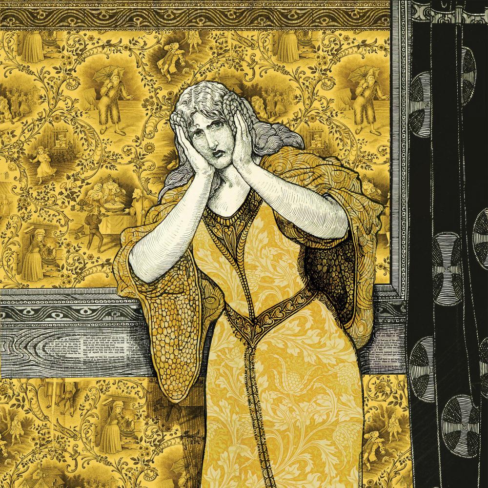 Distraught woman standing in front of yellow wallpaper
