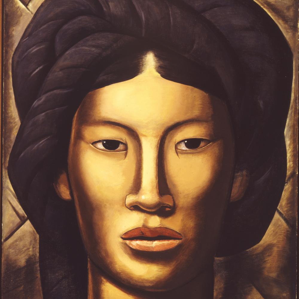 Portrait of La Malinche, her hair in a dense pile of braids
