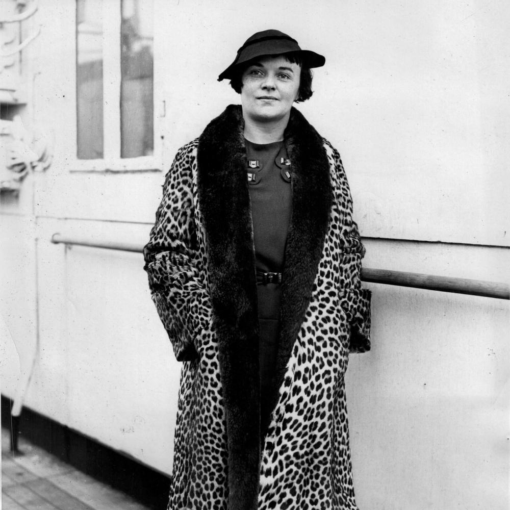 Ursula Parrott wearing a leopard-fur coat