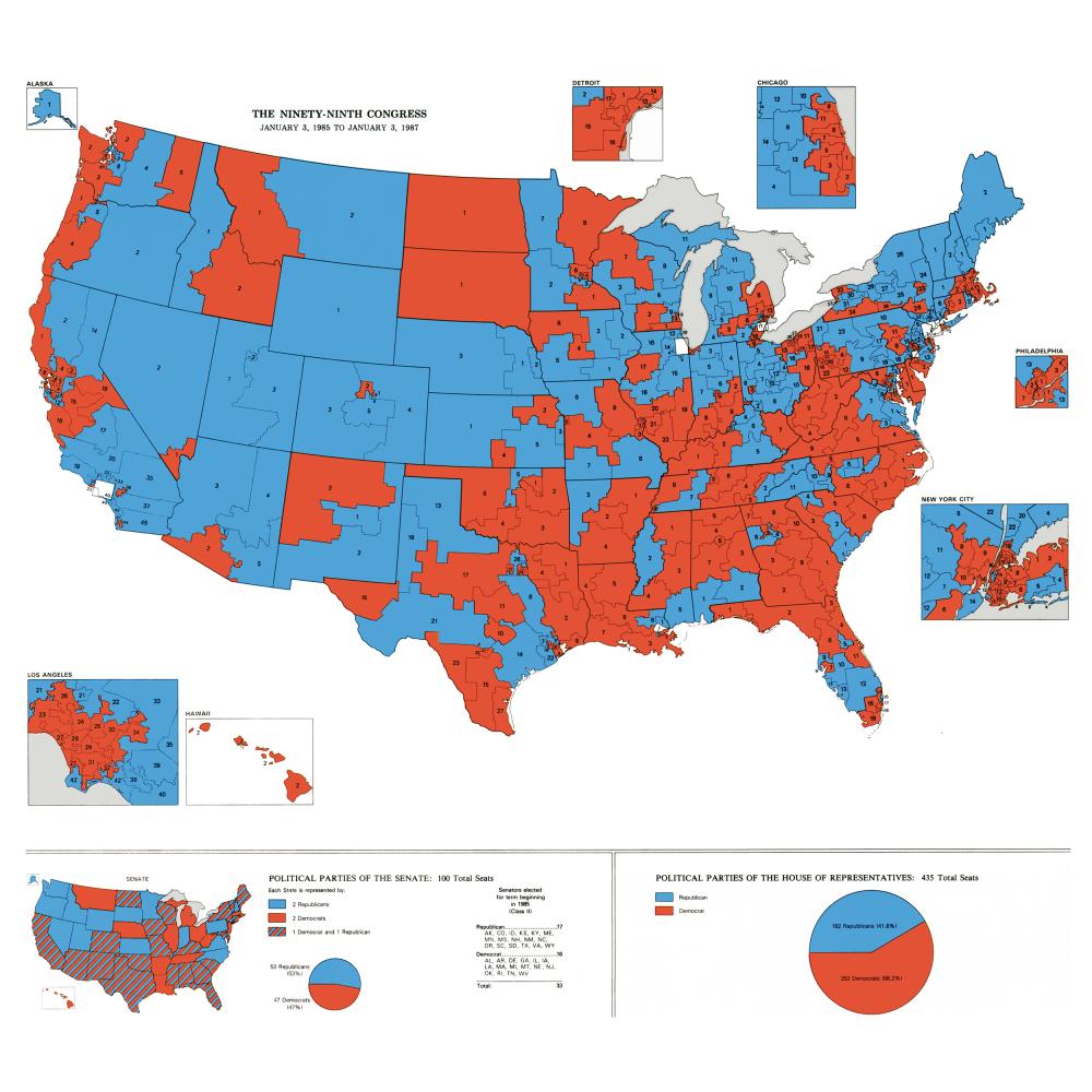 A map showing the congressional districts of the United States coded by color: red for Democratic, blue for Republican.