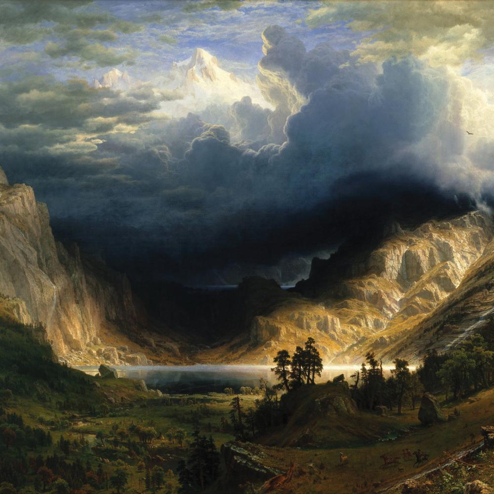 Painting of valley and ominous clouds by Albert Bierstadt