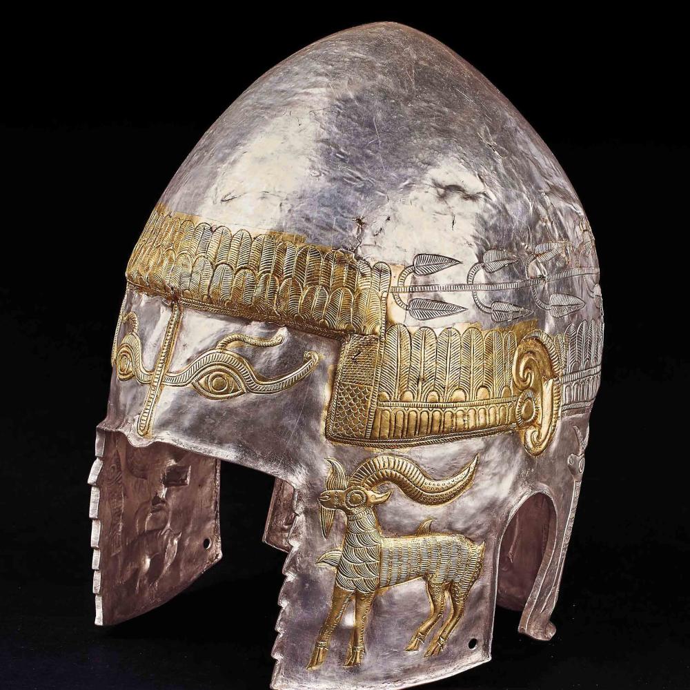 Silver helmet with gold detailing