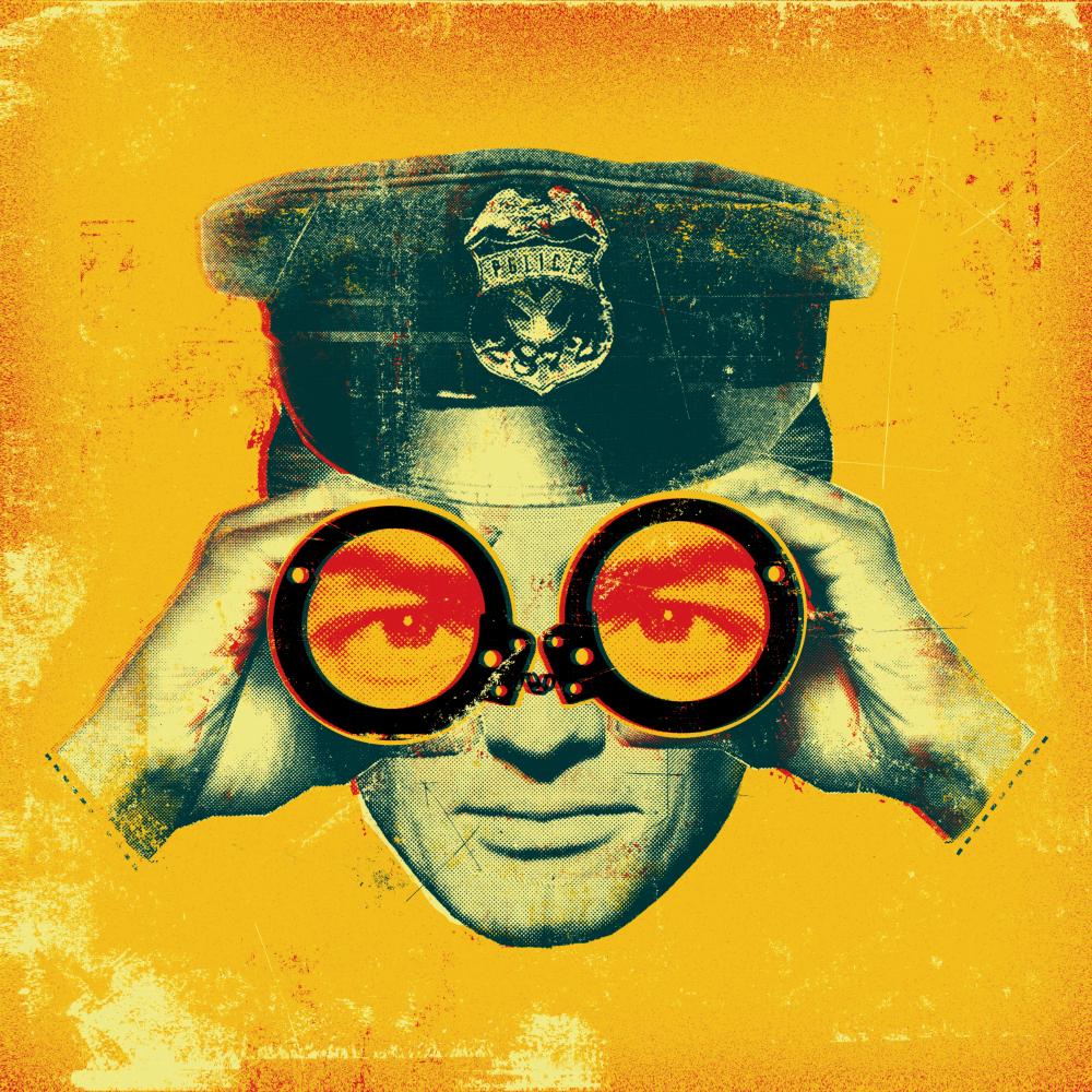 Illustration of police officer looking through handcuffs like binoculars