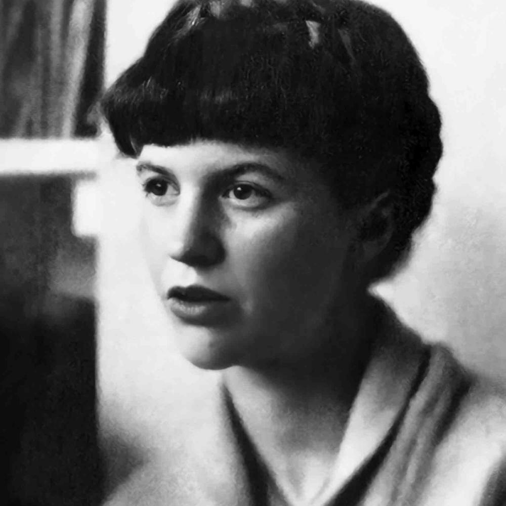 black and white portrait photo of Sylvia Plath
