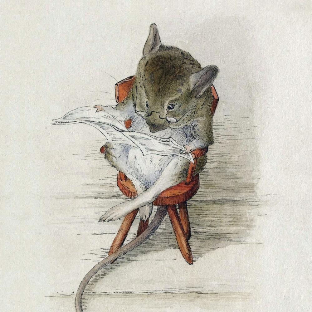 Beatrix Potter drawing of mouse with glasses in a chair reading the newspaper.