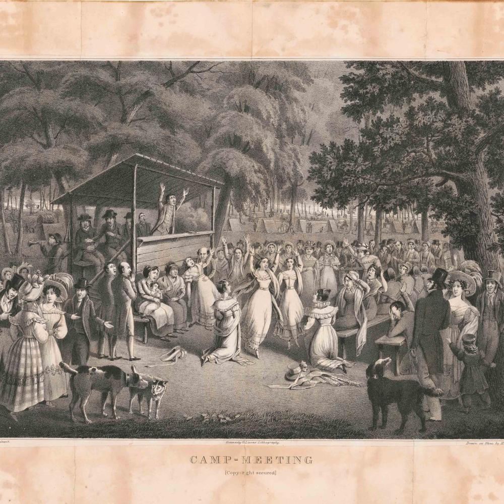 19th Century black and white illustrations of a Methodist camp meeting