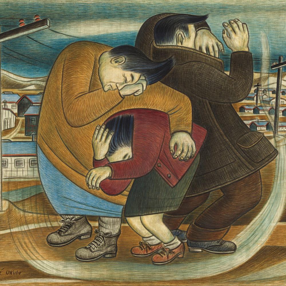 Wind and Dust painting by Mine Okubo showing a Japanese American family in an internment camp huddled together while the wind whips around them.