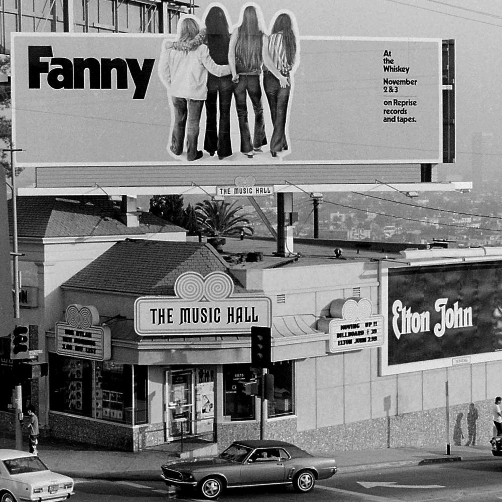 black and white photo of Fanny billboard in Los Angeles
