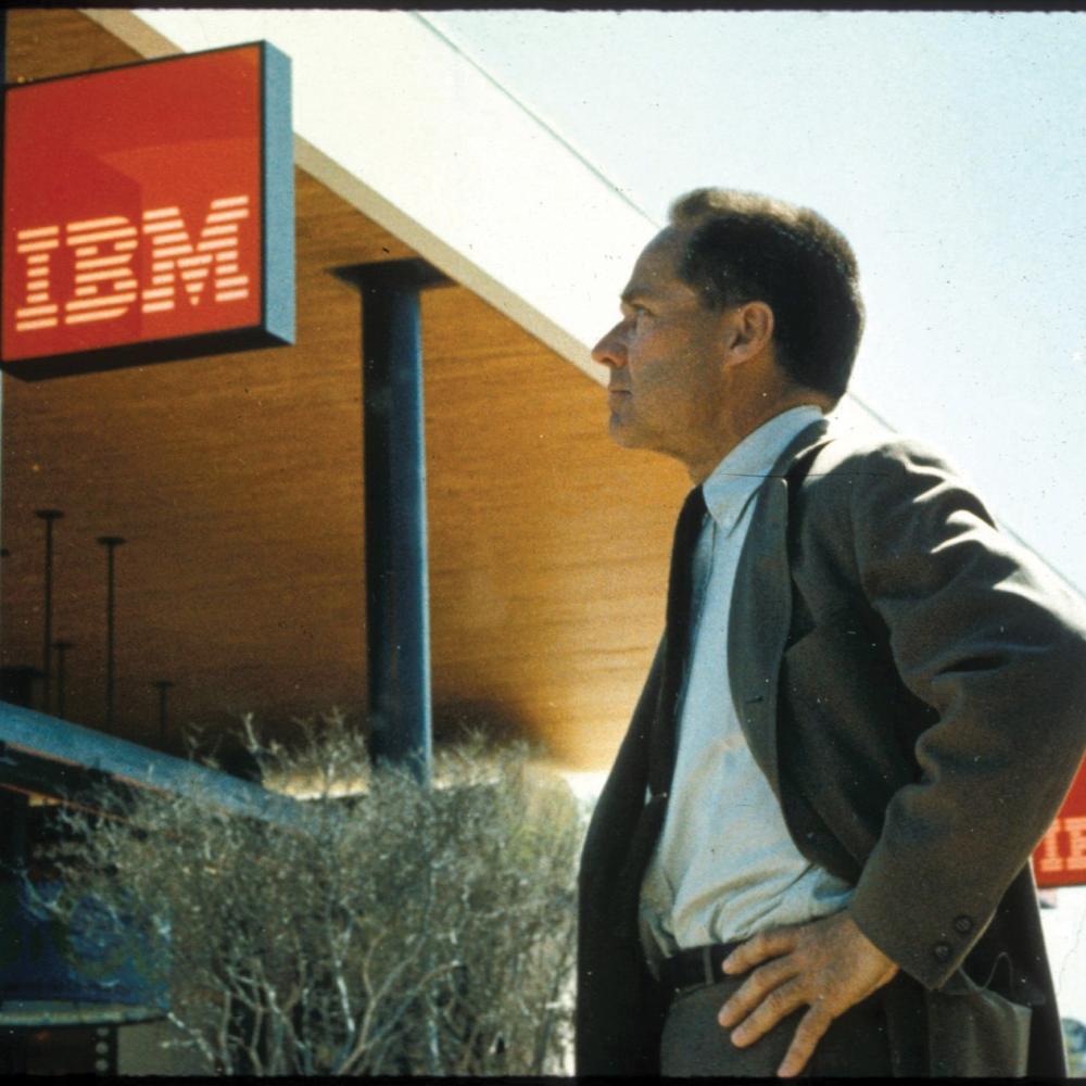 Noyes outside an IBM building