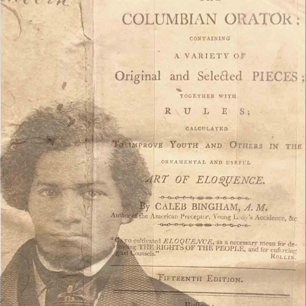 Title page of the Columbian Orator with Frederick Douglass's photograph imposed upon it