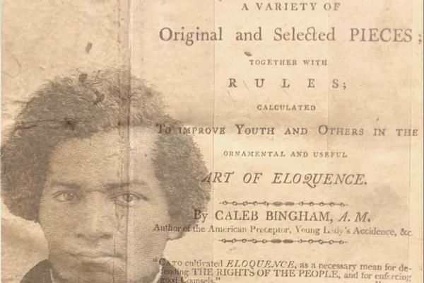 Title page of the Columbian Orator with Frederick Douglass's photograph imposed upon it
