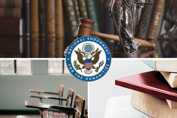 images of books, school chairs, NEH logo 