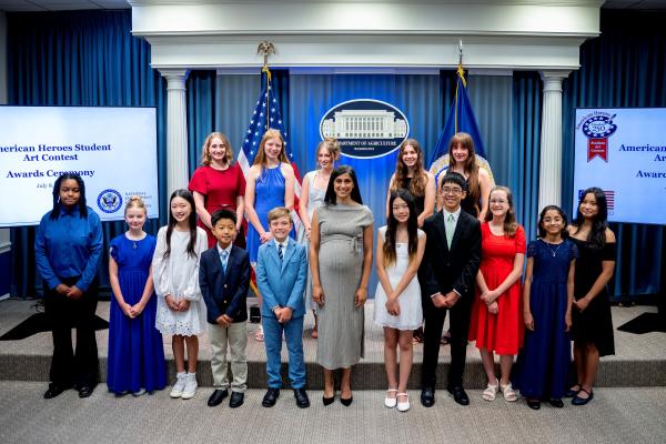 photo of Second Lady Vance and American Heroes Student Art Contest winners