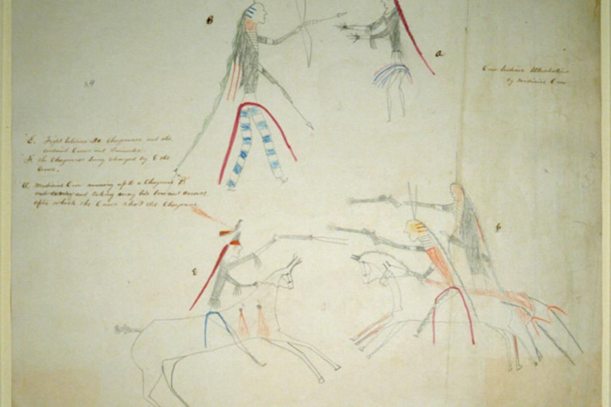 Crow Indian ledger drawing of a Medicine Crow running up to a Cheyenne and taking away his bow and arrows