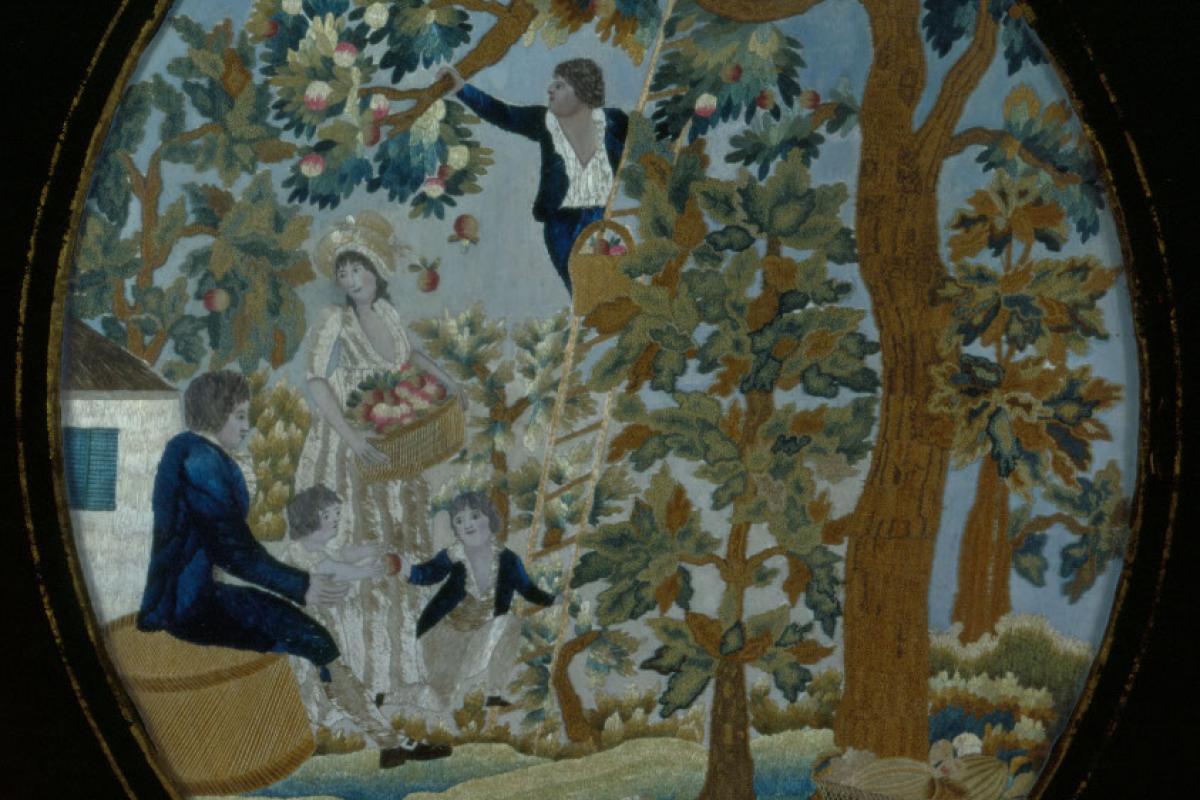 Needlework of people in a forest