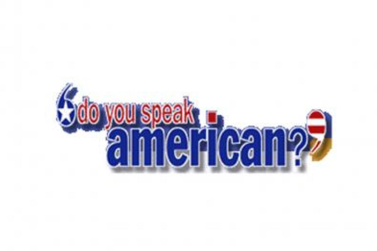 The text "Do You Speak American?" in red white and blue bubble letters