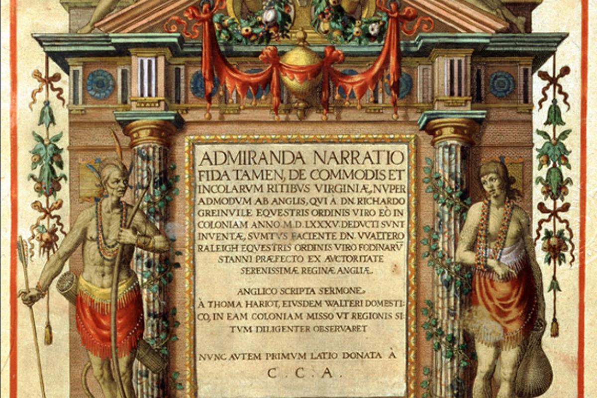 Detail from title page of 1590 account of Virginia