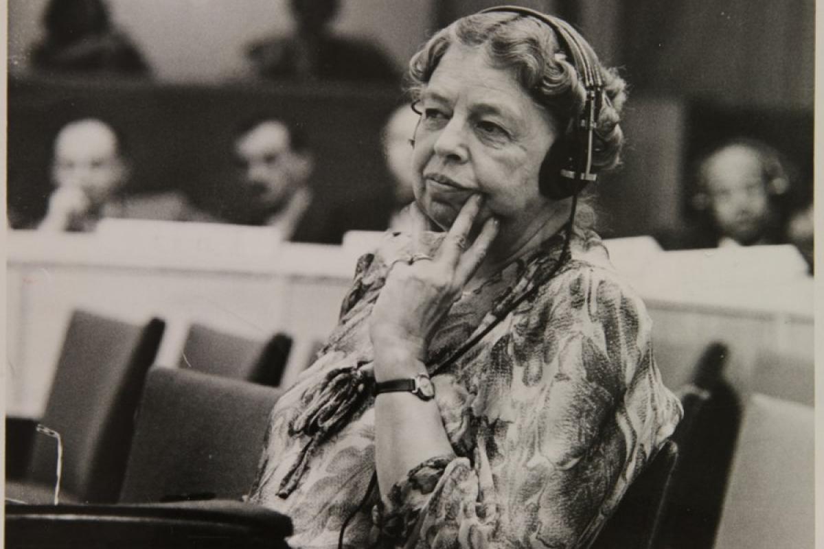Delegate Eleanor Roosevelt at a meeting of the United Nations, 1947