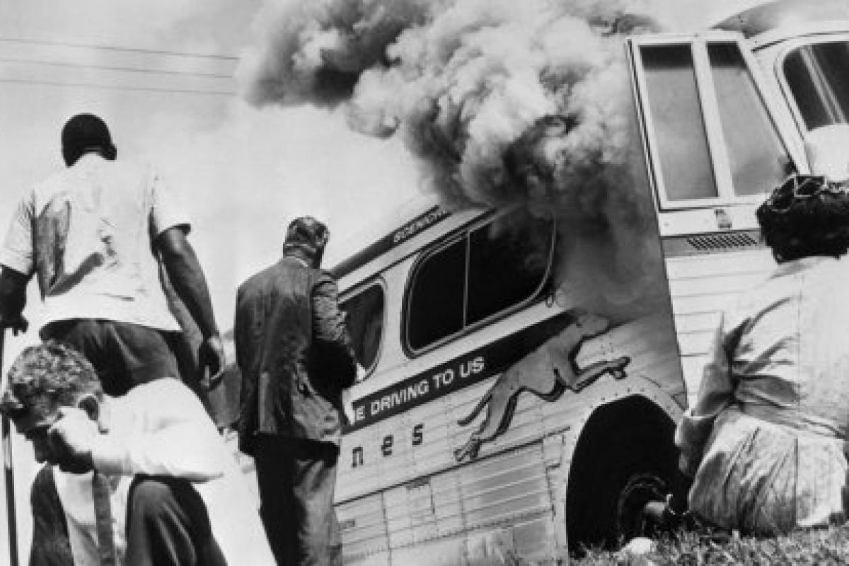 image of a burning bus from the Freedom RIders film