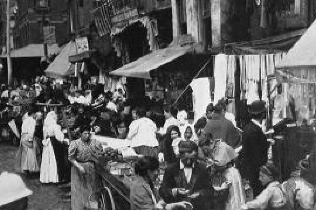 black and white photo of pushcarts on Hester Street in NY, 1898