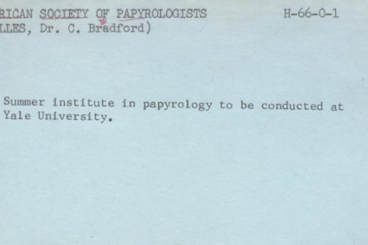 Blue index card of the very first NEH grant.
