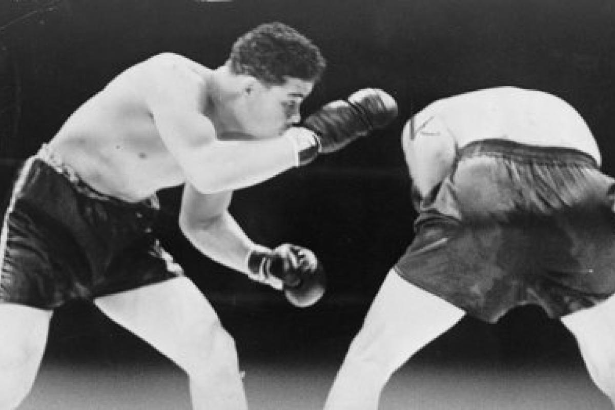 Joe Louis looks for an opening during a boxing match with Max Schmeling, 1936
