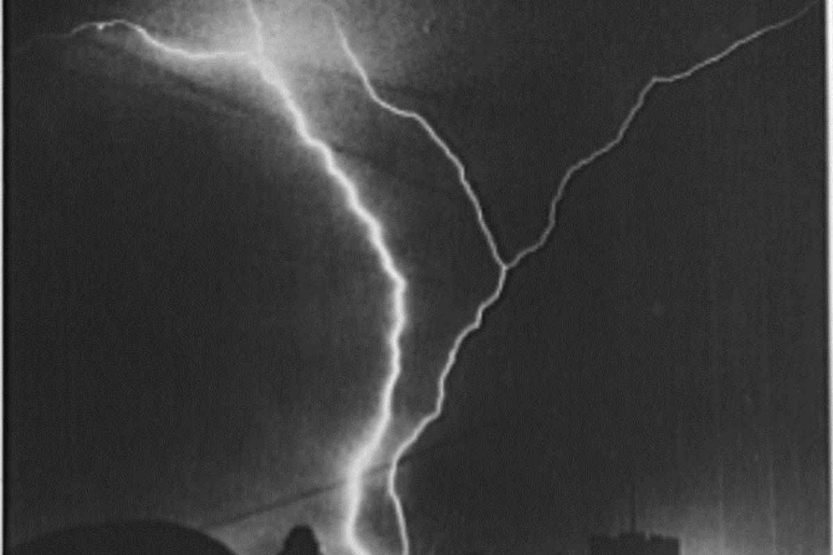 Black and white photograph of a lightning strike