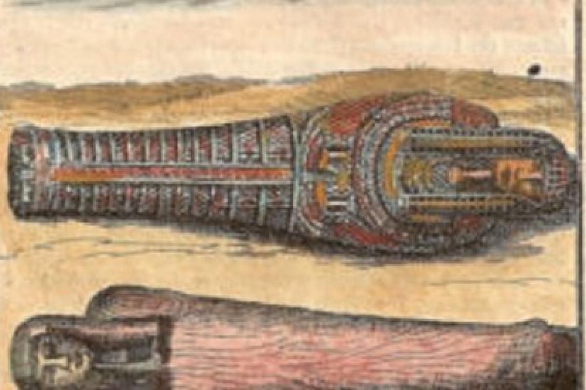 Color picture of two mummies laying side-by-side, head to toe.