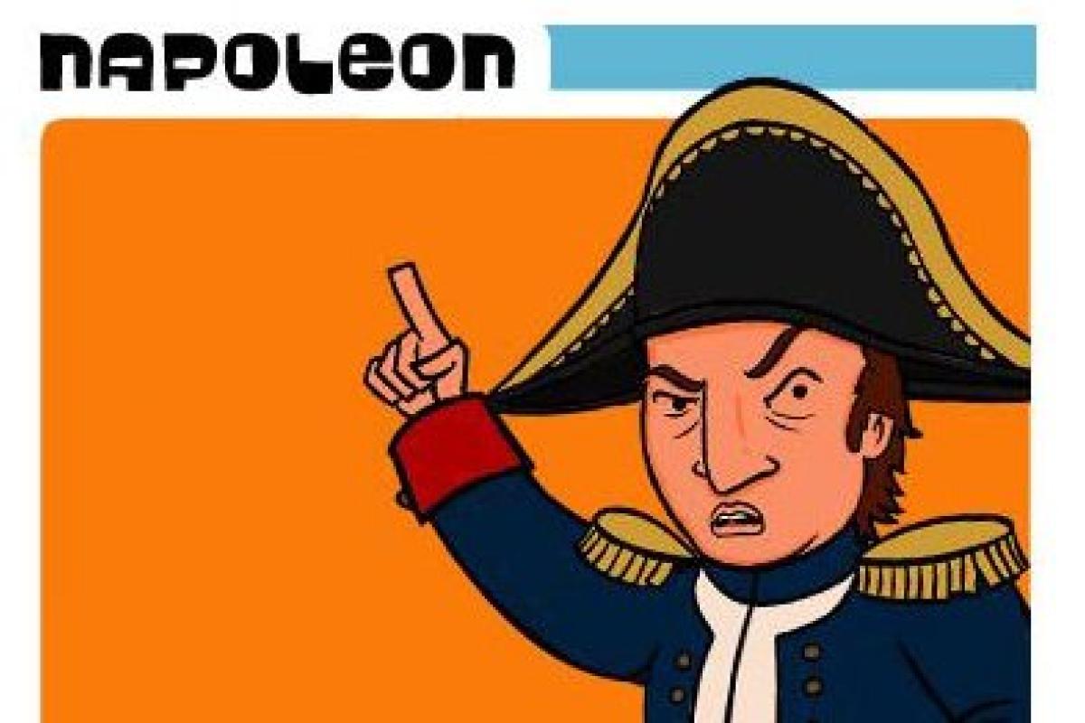 Cartoon image of Napoleon in a tri-cornered hat, pointing
