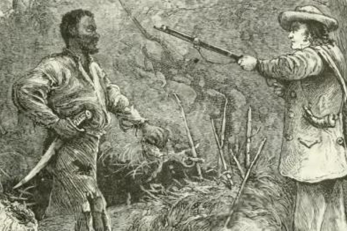 Discovery of Nat Turner, wood engraving: a soldier pointing a gun at Nat Turner