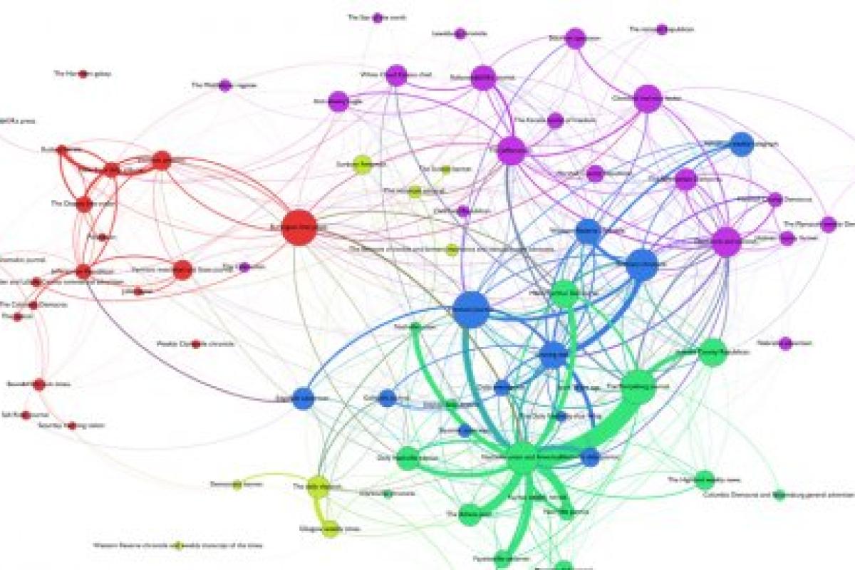 Colorful image of a network analysis done on 19th century newspaper printing.