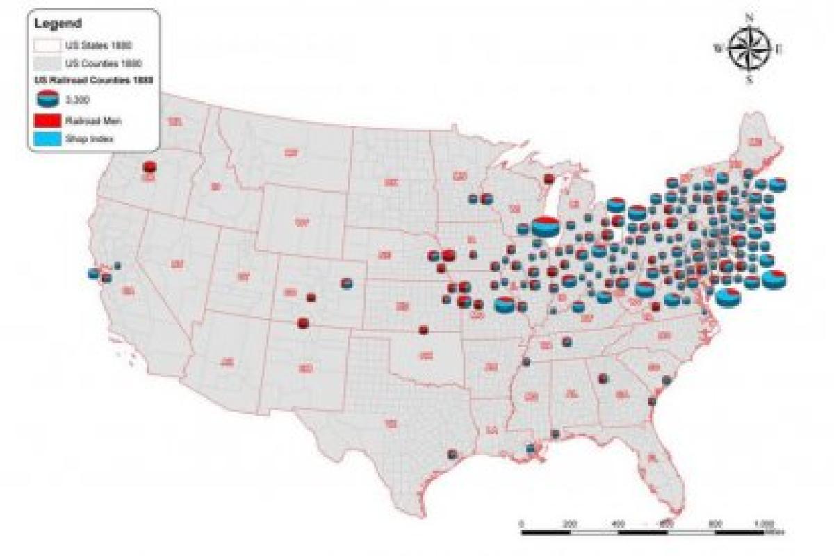 A U.S. demographic map highlighting the census data of unofficial railroad workers employed in undocumented "shops."