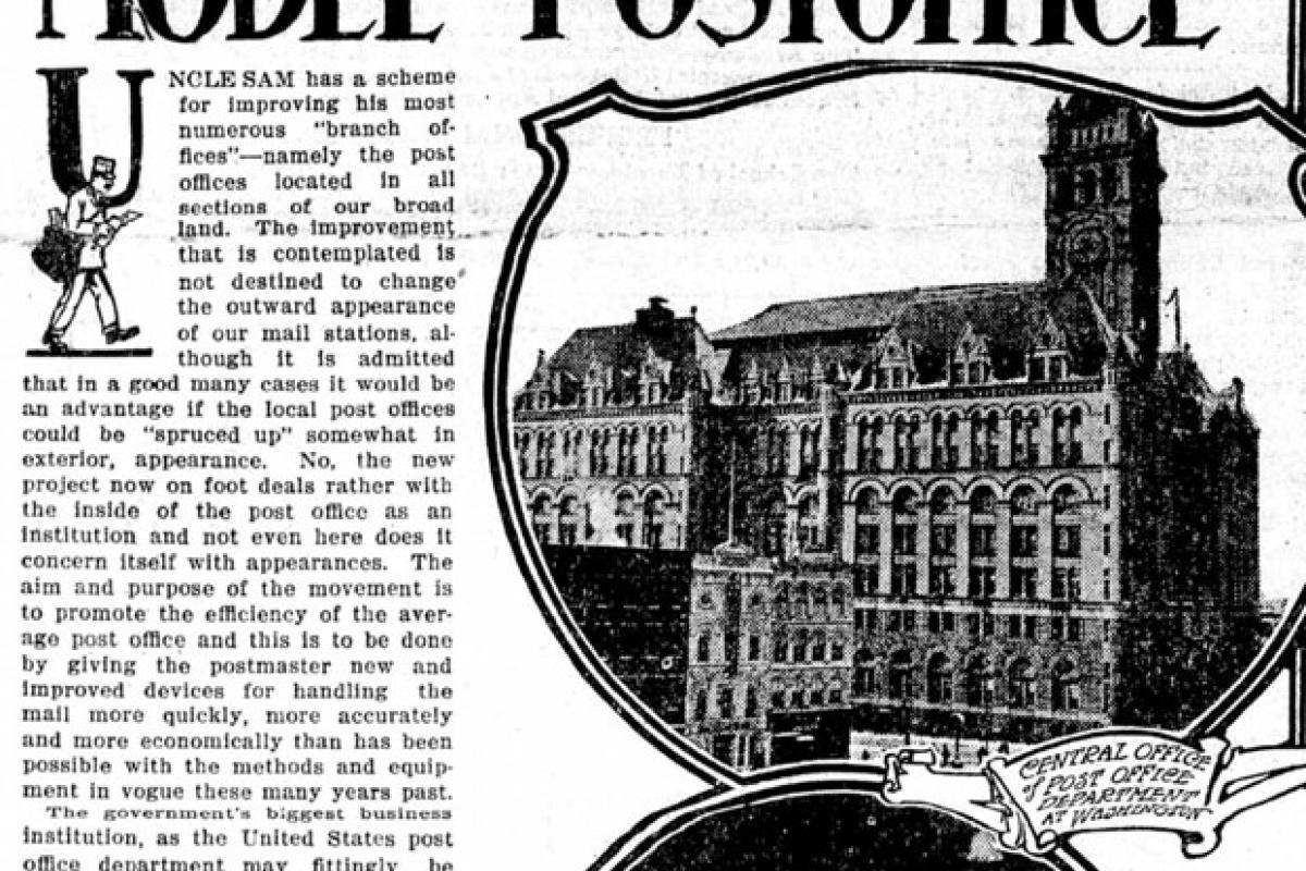 Front Page from newspaper The Appeal showing model of post office
