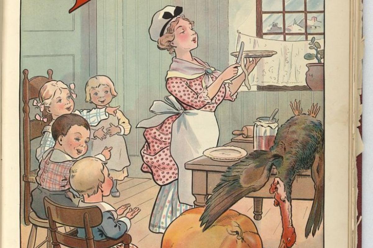 Magazine cover with woman preparing a pie in front of children