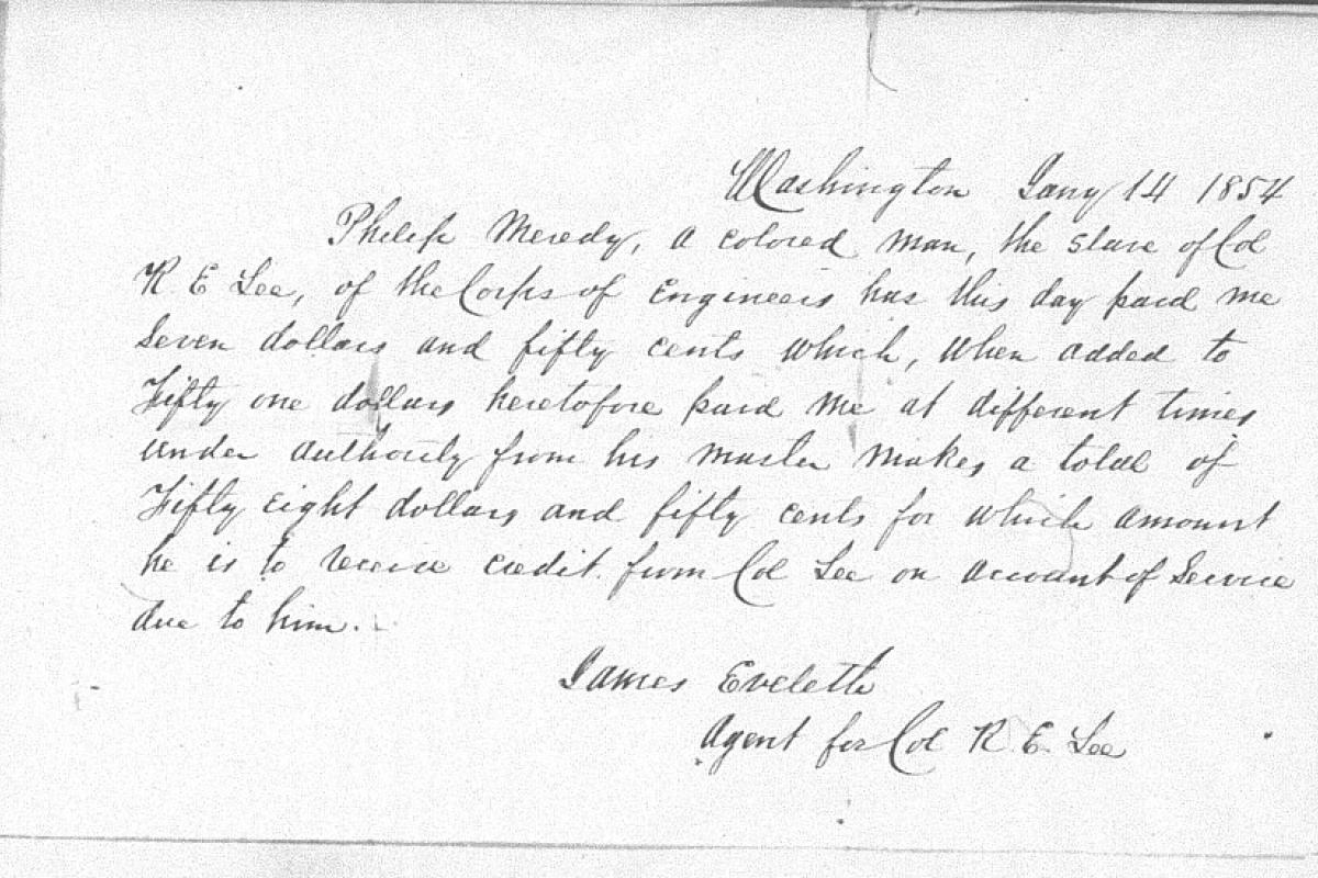 Claim regarding Philip Meredith, slave of General Robert E. Lee