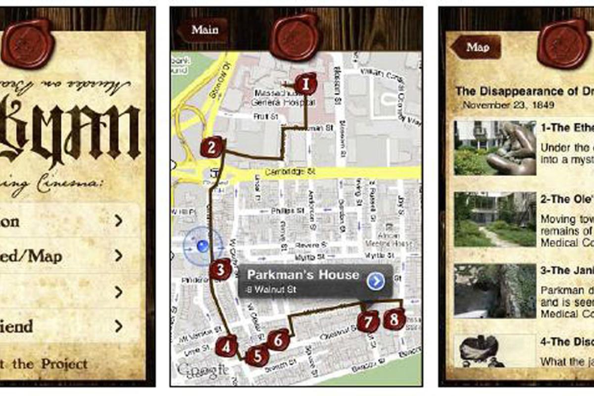 Screen shots from the "Murder on Beacon Hill" iPhone application.