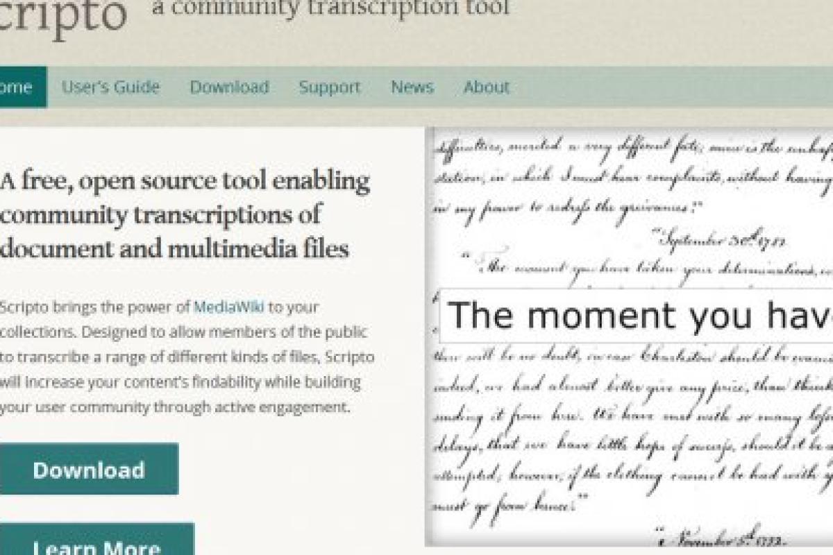 A screen shot of the landing page for the Scripto transcription plug-in.