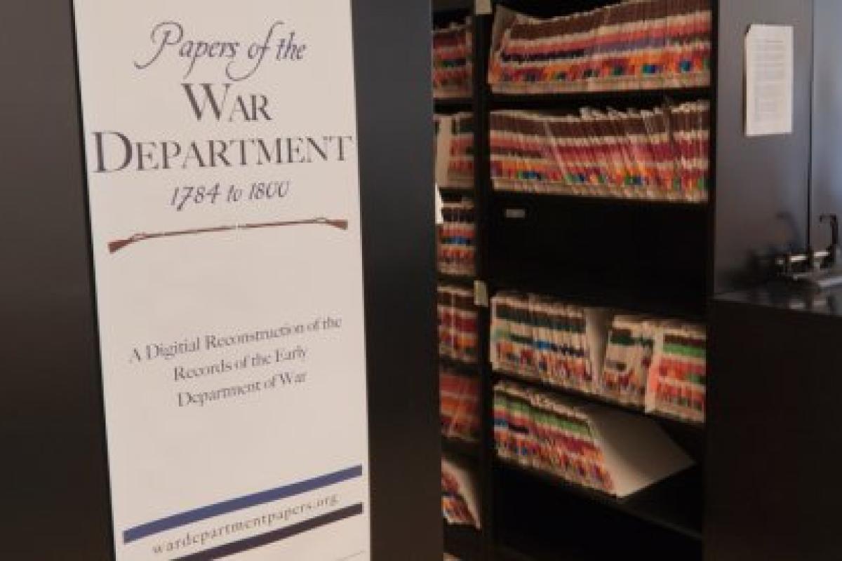 Vertical banner titled, "Papers of the War Department: 1784 - 1800," with an archive in the background filled with files.