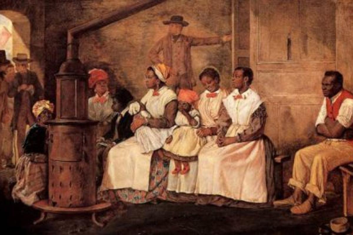 Painting of a slave family waiting to be sold
