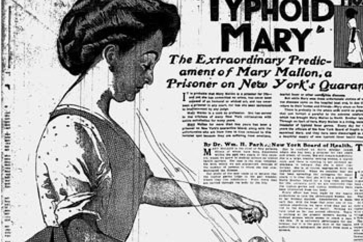 Black and white illustration of Mary Mallon, "Typhoid Mary," The New York American, 1909