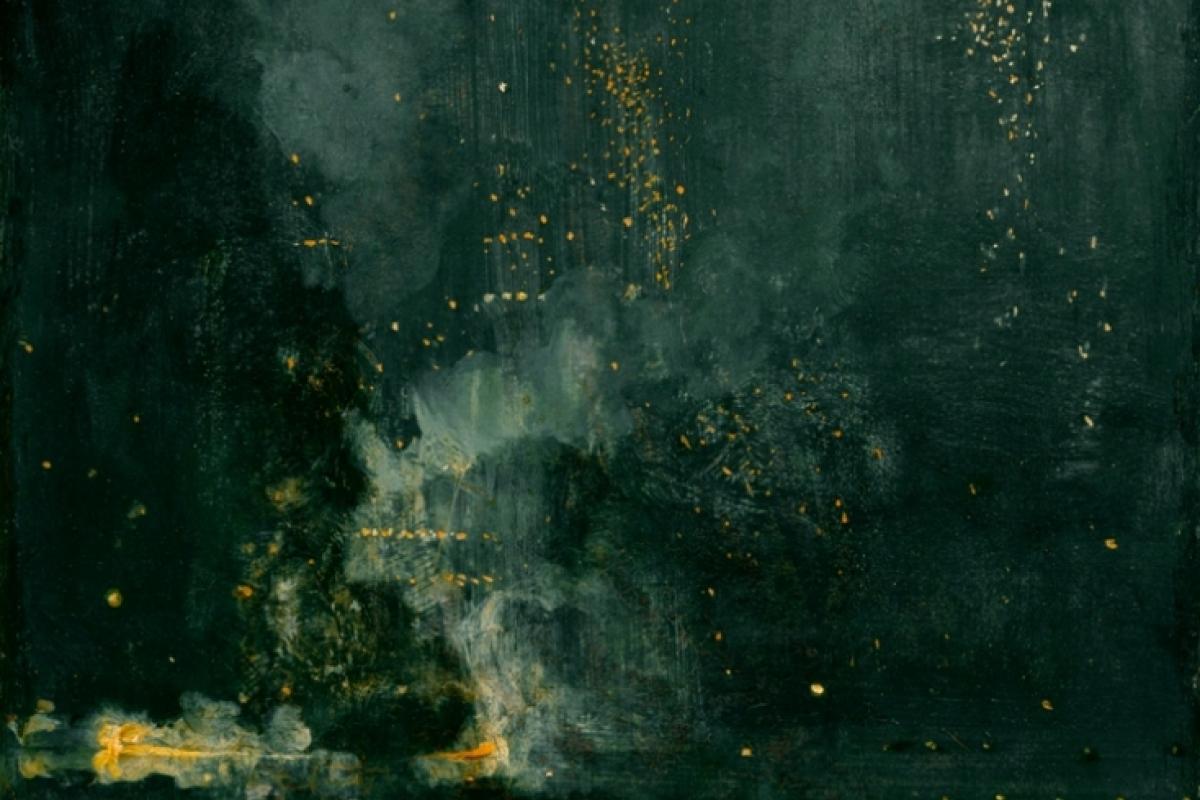 James McNeill Whistler, “Nocturne in Black and Gold, the Falling Rocket,” 1875, oil on panel, 60.2x46.7 cm, Gift of Dexter M. Ferry Jr.