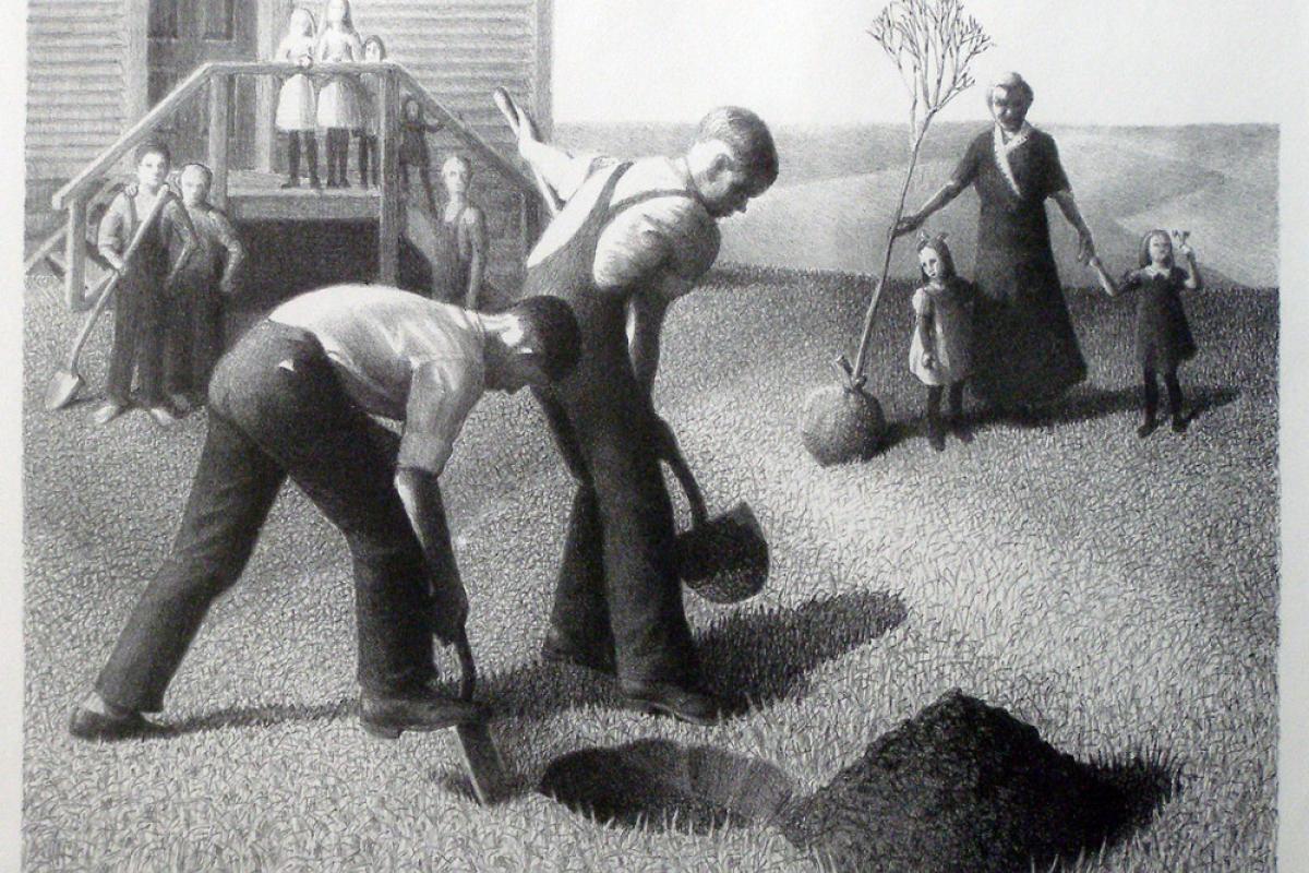 Lithograph on paper of boys digging holes