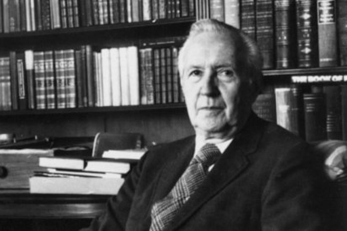 Jacques Barzun in his library, black and white photo