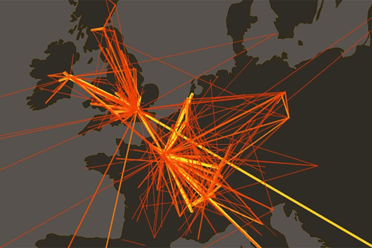 Map of interconnecting lines, which map connections between writers